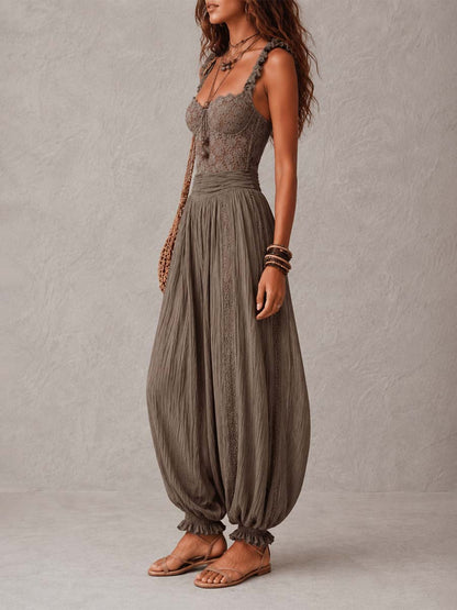 Diana | Conjunto de bandeau de encaje gris y pantalones harem de algodón plisados
