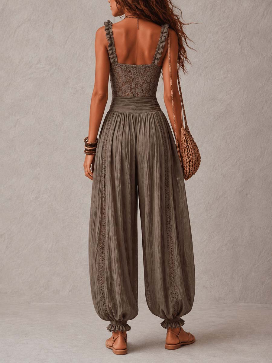 Diana | Conjunto de bandeau de encaje gris y pantalones harem de algodón plisados